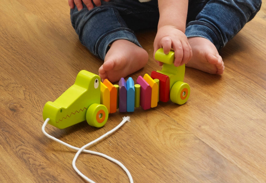 Pull along wooden crocodile toy animal collection lifestyle with child playing