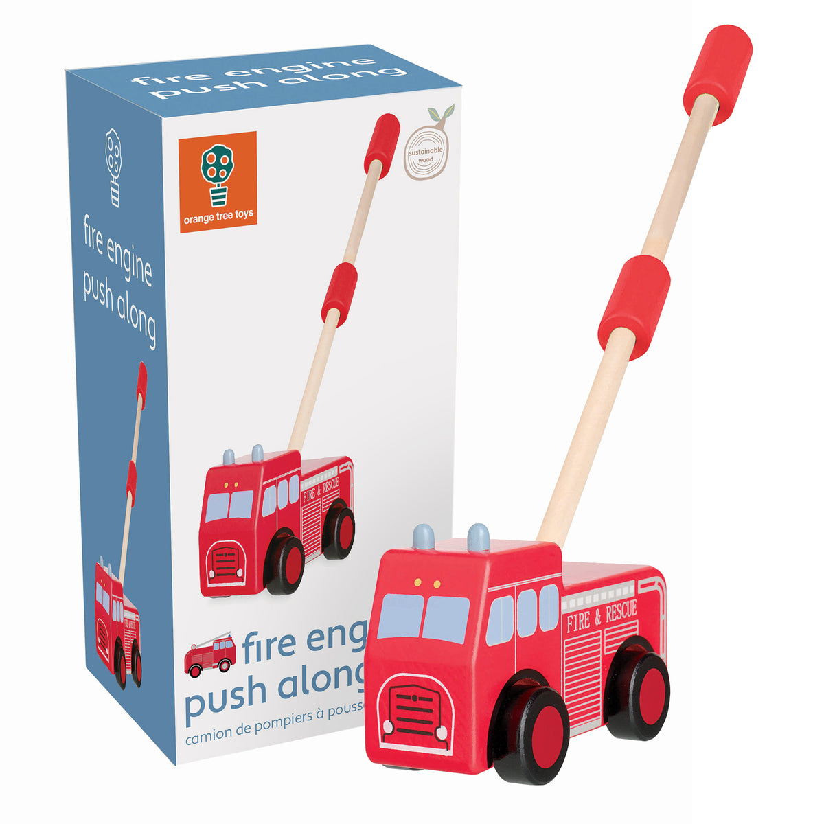 Vintage Fire Engine Boxed Push Along Orange Tree Toys
